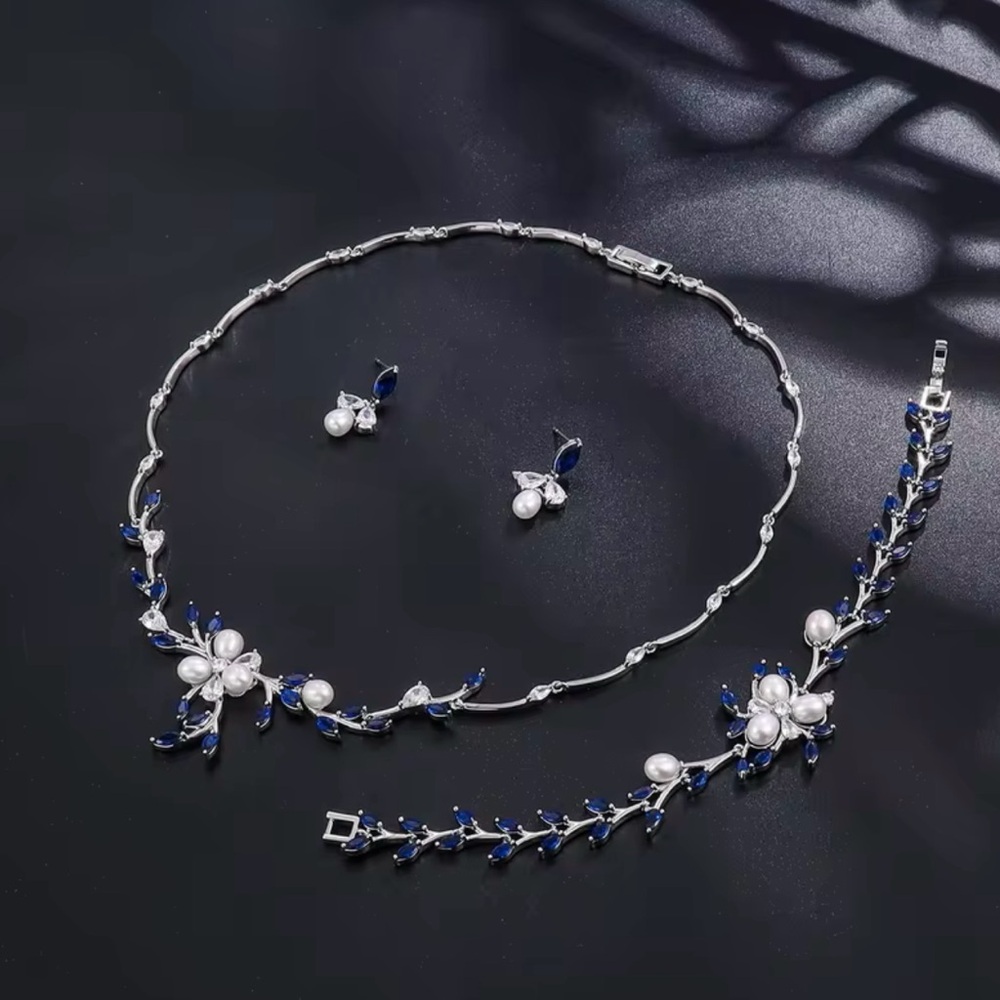 Wedding / formal / bridal blue Zircon Pearl Vine Necklace Bracelet/Earrings Set - Picture 3 of 3